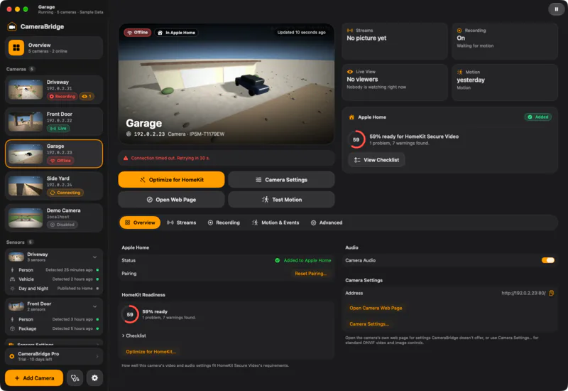 Camera offline: An unreachable camera says why and when Camera Bridge tries again.
