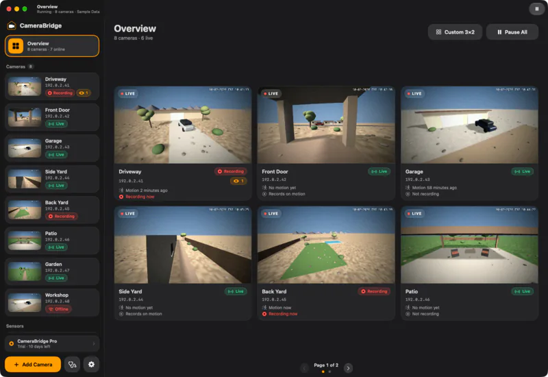 Custom layout: A custom 3×2 grid. Drag tiles to reorder them, and hide offline cameras with Show Offline.