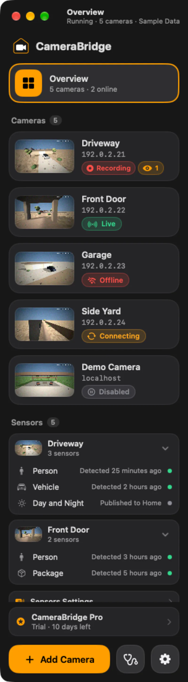 Sidebar: Overview, your cameras, a Sensors section grouped by camera, and Add Camera, Diagnostics and Settings at the bottom.