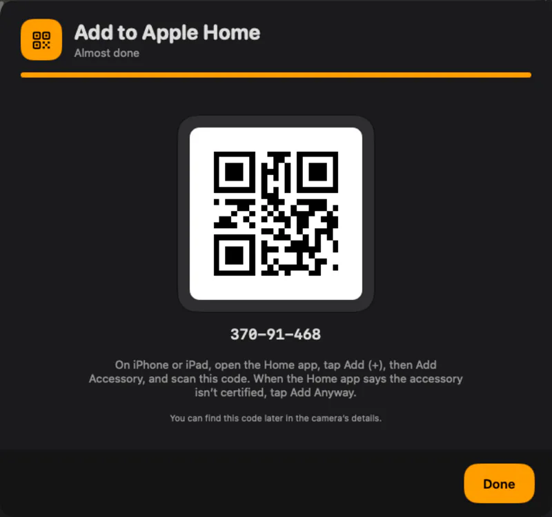 Add to Apple Home: Scan the code with the Home app. That's it.