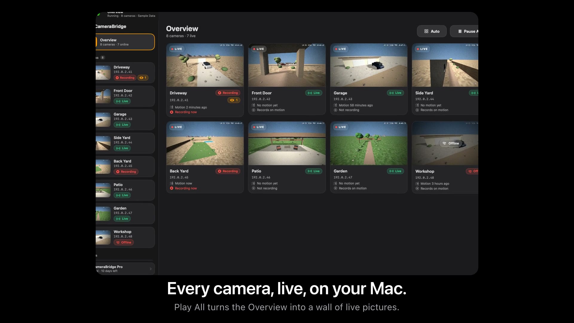 The Camera Bridge Mac app's Overview: every sample camera live in one window